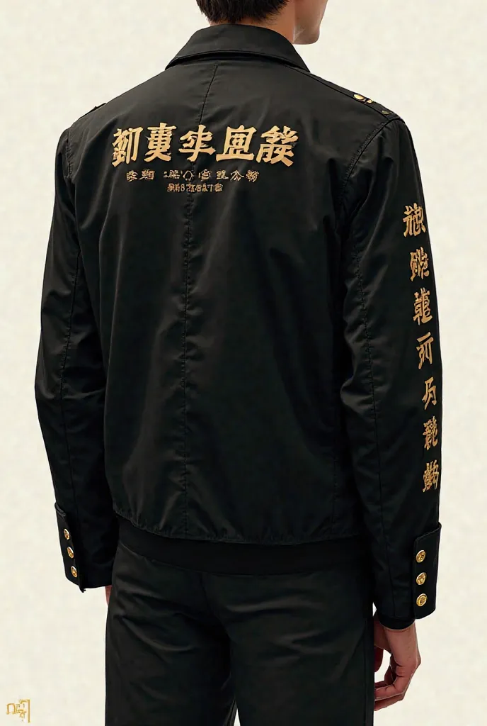 Create an image of a black mid-season jacket with front chest pockets and gold buttons along the front. The jacket should have the following text elements in traditional Japanese:

1. **Back of the Jacket:**
   - At the top, written horizontally in small f...