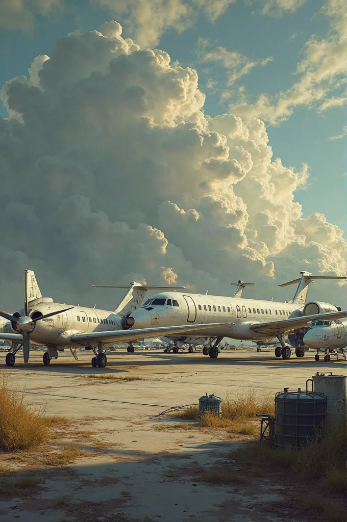 scene with several planes on the ground, deactivated aircraft, Propeller plane, private jet,  helicopter , fuel tank, maintenance equipment, cloudy sky, dramatic light, OIL PAINTING,  hyperrealistic , 8k, extremely detailed, vibrant colors, depth of field