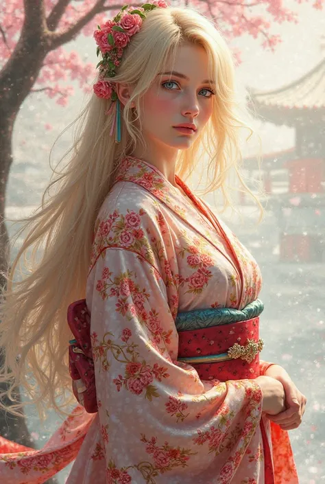 Blond haired woman wearing 90 60 90 size Japanese kimono