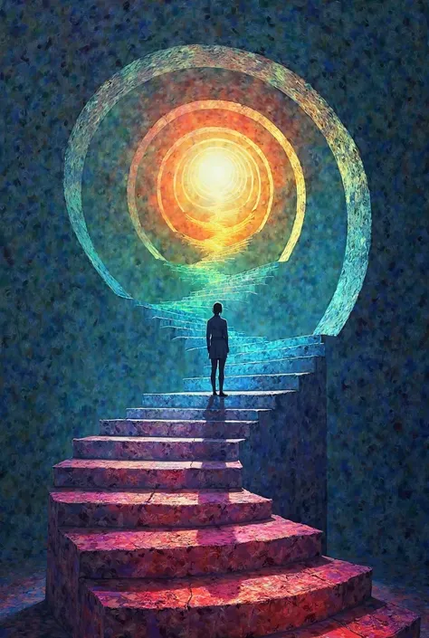 'L' Ascension Infinie', une photo hyper réaliste qui invite à un voyage introspectif à travers un escalier en spirale sans fin, où chaque marche colorée symbolise les défis et les mystères de la vie, mettant l'accent sur un cheminement intérieur complexe. ...