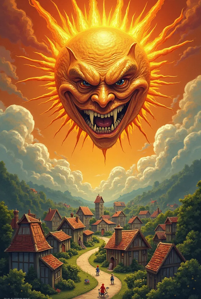 Caricature of the bad-faced sun burning down the small town