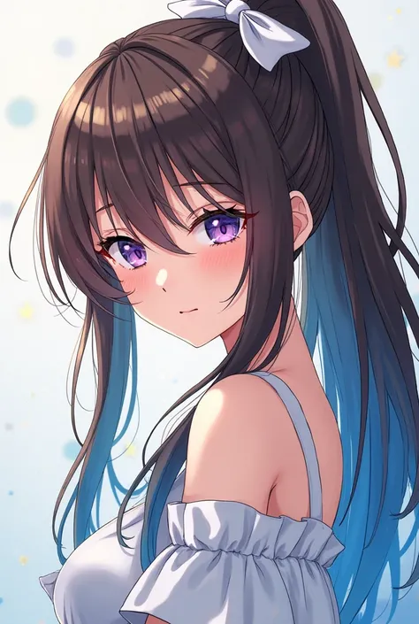 Anime style women anime long brown hair with sky blue roots, with a ponytail tied with a white handkerchief, with bright purple eyes 