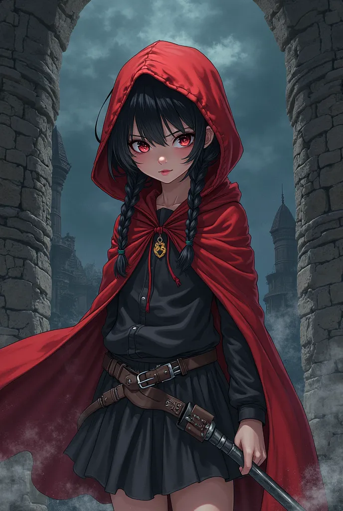 Bleedman style , bleedman comics, girl, loli body ,  ,black hair two braids, wearing a red hooded cloak. medieval clothes, holster, holding an axe, serious look, giant wall in the background , night. Badass , perfect anatomy 