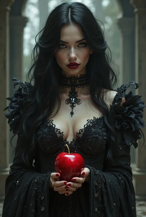 Girl, long black hair ，The Black Queen，  accessories  ，apple in hand，poison apple，the queen of witches， lipstick 