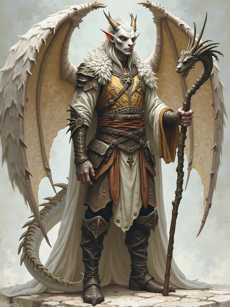 male character, race dragonborn, scale color white, Druid class, riveted leather clothes, in the hands of a cane with a dragon-head handle, age 299 years, physique slim-skinny, height 180 , wings folded like a cloak