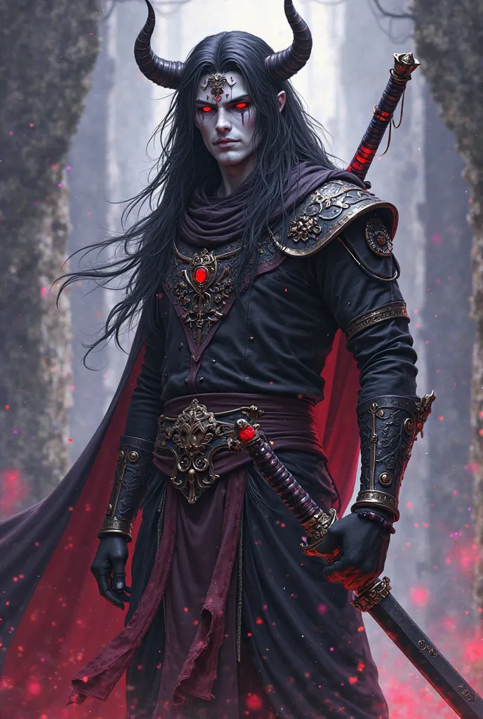 Create an OC with the name Shadow that has the white skin of a human Egyptian costume wears a katana measures 1.90 red eyes his race is human he is cute he has long hair and small horns as well as purple scars and an aura and that he is a little muscular n...