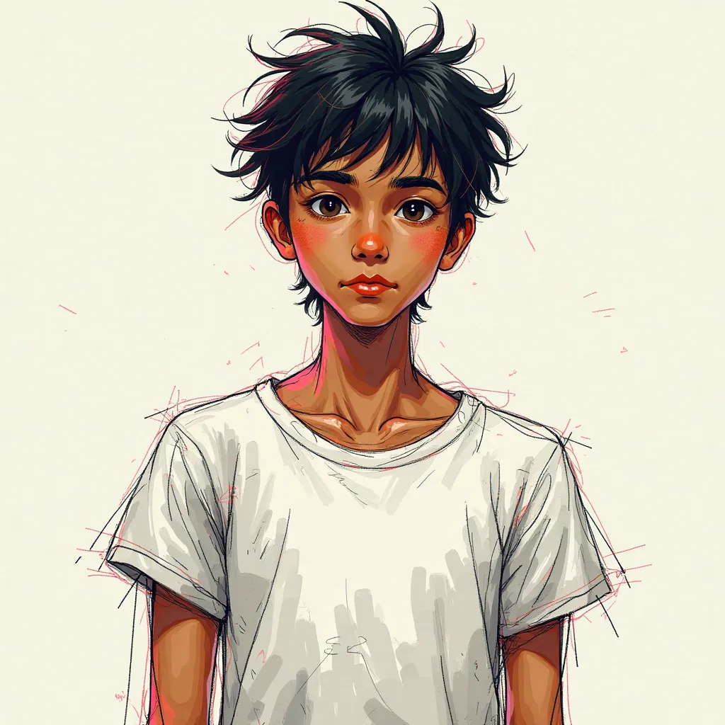 a colorful sketch-style drawing, a thin young man with bronze-colored skin, black eyes and messy wavy hair wearing a white t-shirt