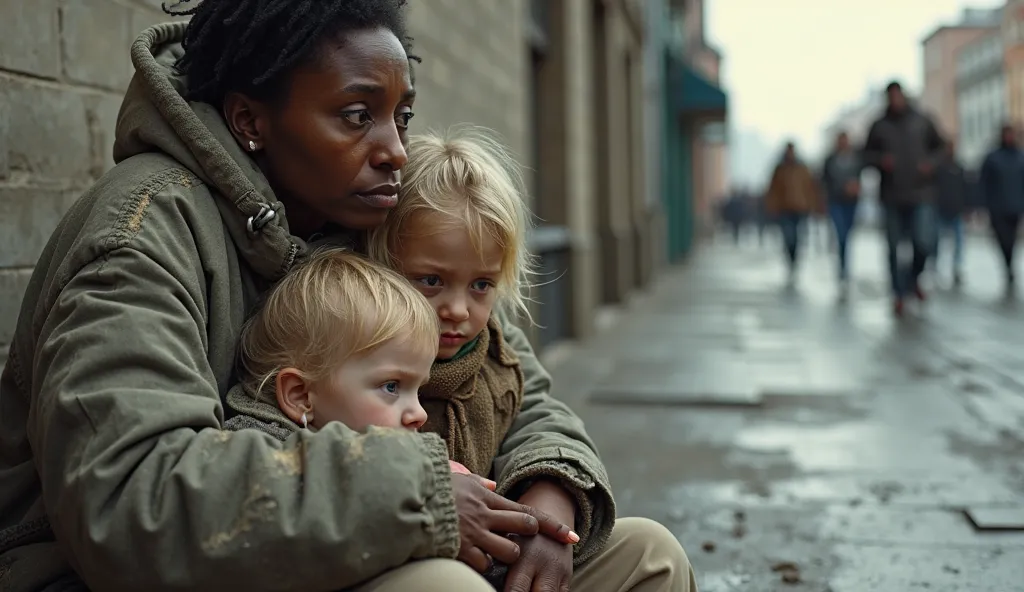 "A heartbreaking, hyper-realistic image of a Black woman sitting on a cold, worn-out sidewalk, holding three blonde-haired, blue-eyed ren close to her. Their clothes are tattered, dirty, and oversized, showing clear signs of poverty. The woman’s deep brown...