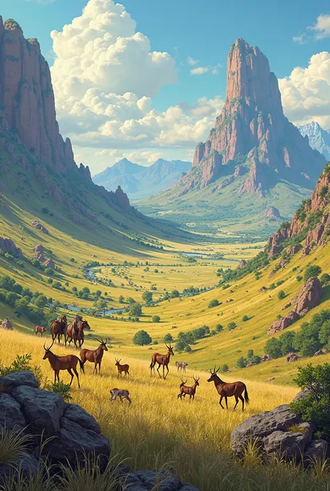 Drawing of the landscapes of the plains of Venezuela, with animals, well illustrated