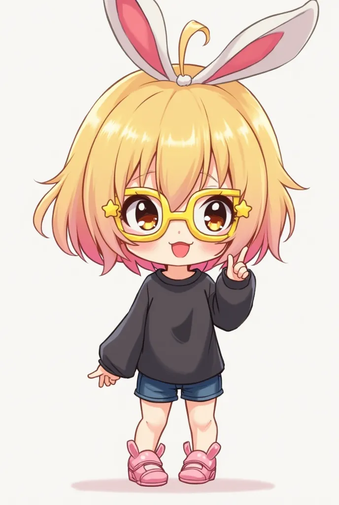 make me a chibi character, Anime, short hair tied on the left and right, yellow at the top and pink at the bottom, brown eyes, plain black long-sleeved shirt, and wearing dark blue shorts, and has brown skin, and adds yellow star glasses, uneven face powde...