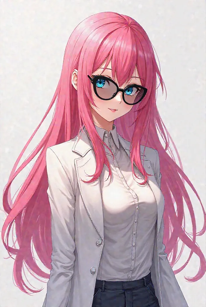 Make an anime character with long pink hair and very blue eyes and big boobs and black sunglasses and white coat smiling a lot