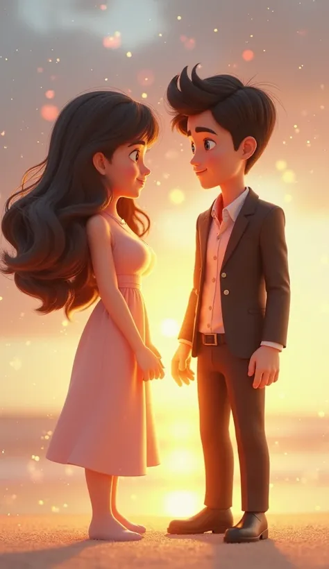 Create a 3D animation of a black-haired adult male, short,  blue eyes,  black suit, In front of you a woman with brown eyes, long wavy brown hair, wearing a simple light pink dress, both being connected by an orange energy surrounding them both, beach sand...