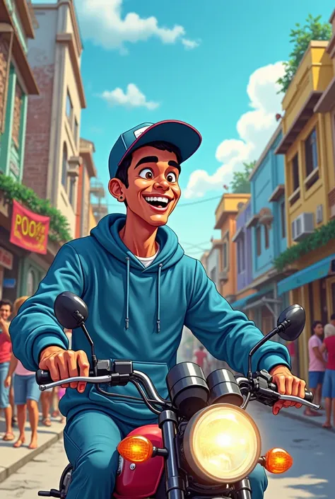 Create the cartoon image, In Catoom, Of a young man looking like 25 years old, teaching a motorcycle, Na Rua da Favela . This young man is wearing a cap and earring on his right ear, he is still wearing a set of blue sweatshirts, and is happy to show himse...