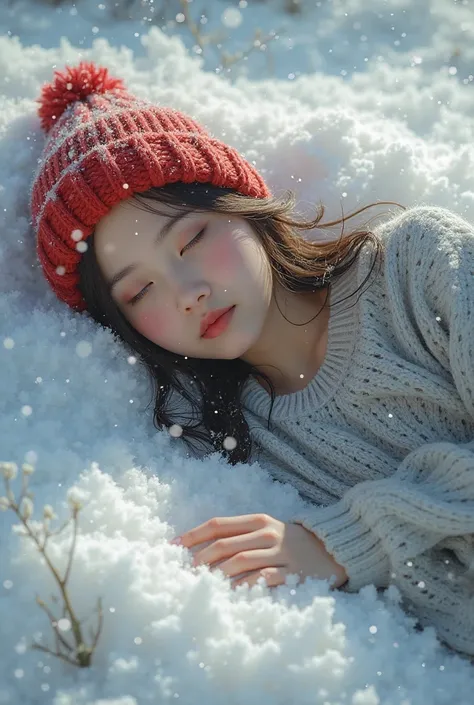 Make me an image of a beautiful girl lying on the snow wearing a gray shirt and wearing a red woolen hat