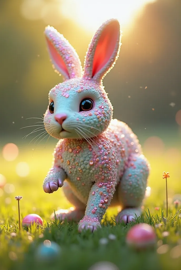 İşte asil ve gerçekçi hareketlerle üstü şekerlerle kaplı robot tavşanın resmini canlandırmak için uygun bir prompt:**Prompt:**"A realistic, graceful robot rabbit with a sleek metallic body covered in colorful candy-like textures, including shimmering sugar...