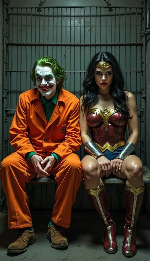 **Prompt for this image:**  
*"A dramatic and intense scene featuring the Joker and Wonder Woman sitting side by side in a dimly lit prison cell. Both are wearing orange prison jumpsuits, with Joker's hands cuffed together and a sinister grin on his face. ...