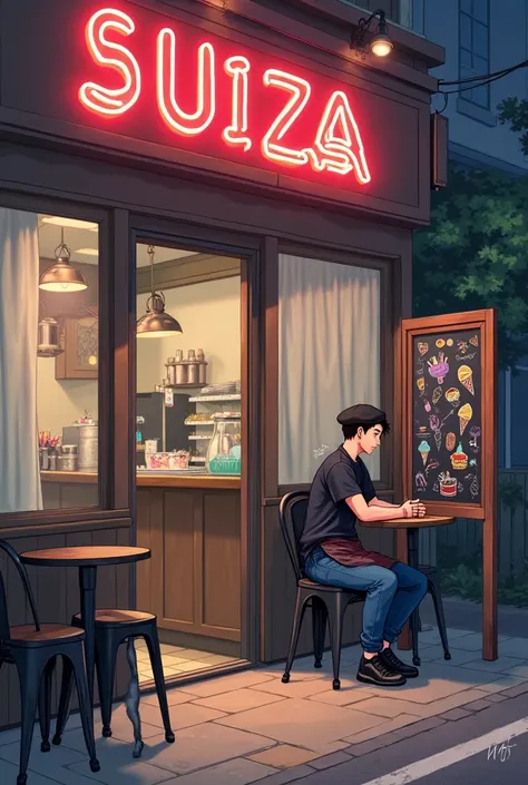 "Anime style, modern and cozy ice cream shop at night with the logo 'SUIZA HELADOS' in bright red, prominently displayed at the top center. A classic wooden chalkboard sign on the side with colorful ice cream drawings in chalk style. Black metal chairs and...