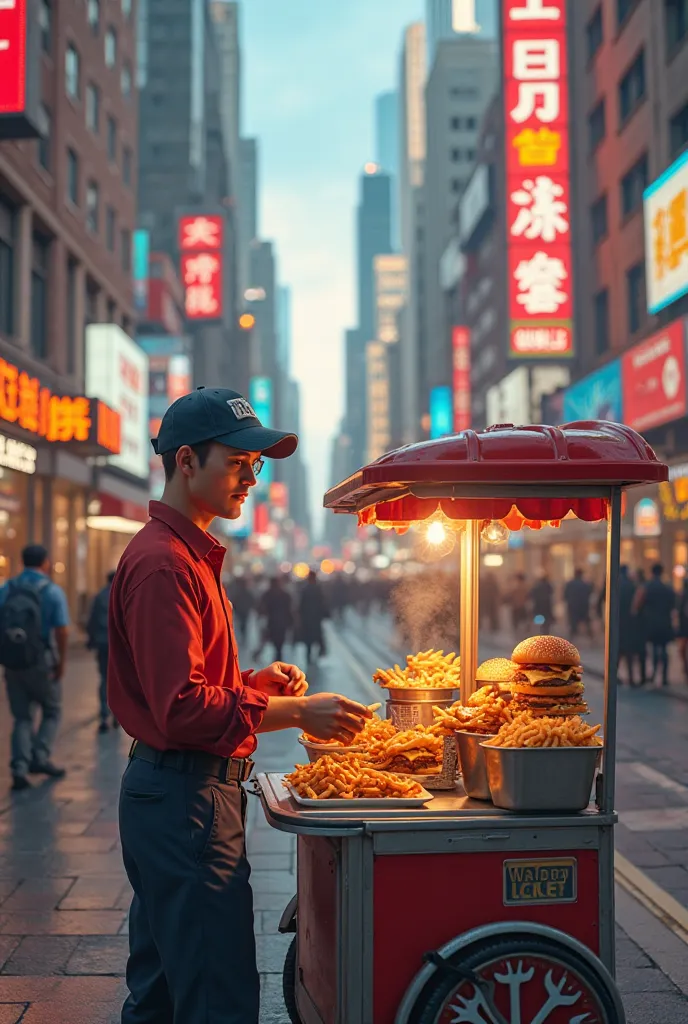 A 22-year-old boy selling fast food on the street