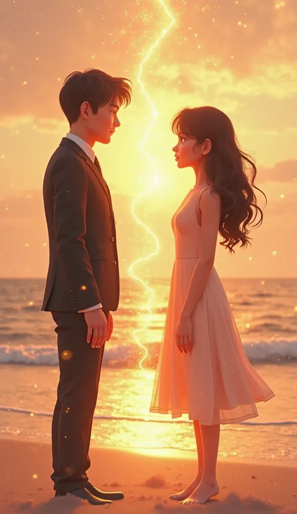 Create a 3D animation of a black-haired adult male, short,  blue eyes,  black suit, In front of you a woman with brown eyes, long wavy brown hair, wearing a simple light pink dress, both being connected by an orange energy surrounding them both, beach sand...