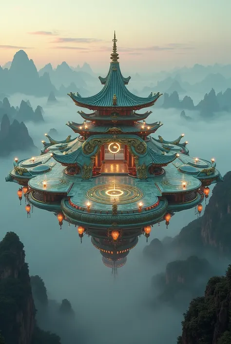 A majestic alien spaceship inspired by traditional Chinese culture, hovering gracefully above a misty mountain range. The ship’s structure blends advanced extraterrestrial technology with classic Chinese architectural elements. Its exterior resembles a fut...