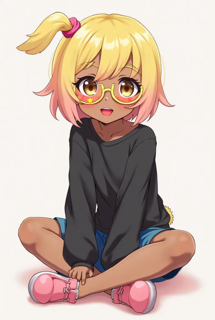 anime, short hair tied left right is yellow top and bottom pink, brown colored eyes plain black long sleeve shirt, and wears dark blue shorts, and has a dark brown skin color, and adds yellow star eye glasses, uneven powder face makeup, and wears red lipst...