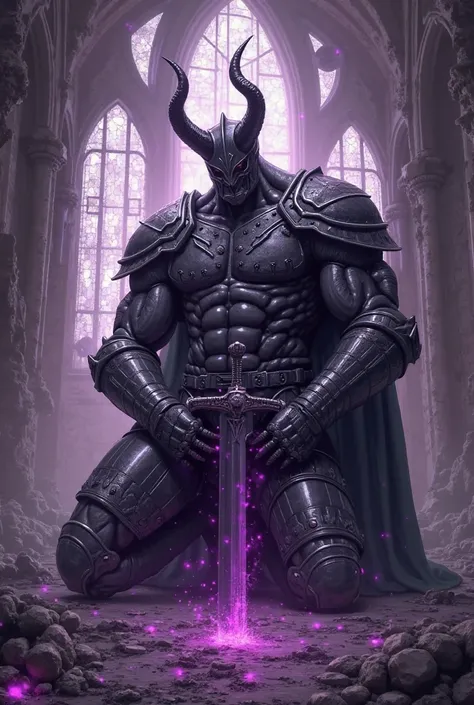 A colossal knight of darkness kneels in a ruined gothic cathedral, his chestplate exposing his muscular upper chest. His helmet features two sharp, demonic horns. He holds a sword plunged into the ground loosely in his hand, Hand on his crotch, Digital art...