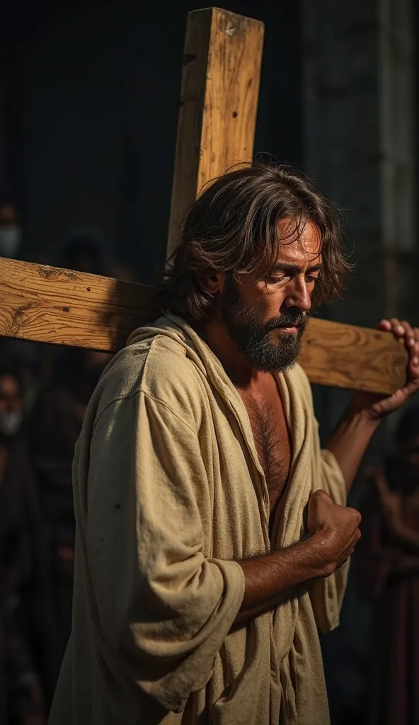 "A poignant scene with Jesus carrying a large wooden cross on His back. His posture is bent slightly forward, showing the weight of the cross as it rests heavily on His shoulders. He is looking down with a tired, weary expression, conveying the immense bur...