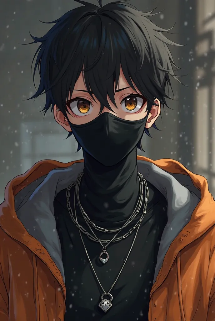 A man with a black mask wearing black, grey, orange casual clothing and has a necklace with a ring on it and has black hair and brown eyes anime design 