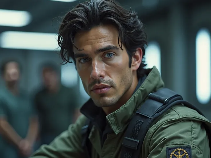 A man with full lips, dark hair, hairy enough to be sexy without being messy, strong, sharp jaw, soft blue eyes, and also tough and charismatic looking, he is an American, working on a war robot wearing a robotic engineer man's uniform. sci-fi cinematic ch...