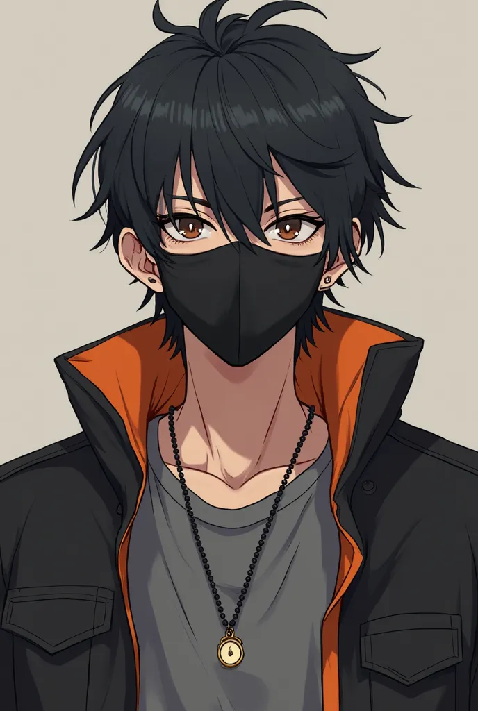 A man with a black mask wearing black, grey, orange casual clothing and has a single necklace with a ring on iit and has black hair and brown eyes anime design 