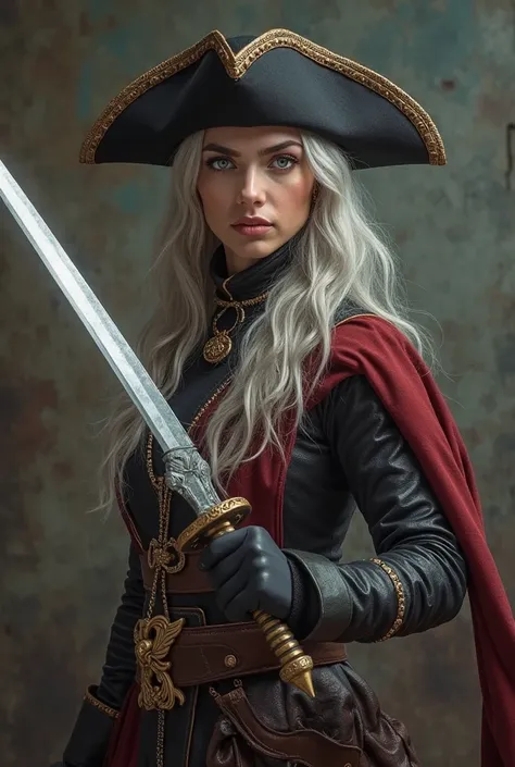  ultra realistic image. Combat position with sword in raised hand,  ready to attack . Musketeer hat

Personality:
Klaudia is a proud and self-confident woman, but not arrogant. He firmly believes in honor and justice, and sees duels as a way of resolving d...