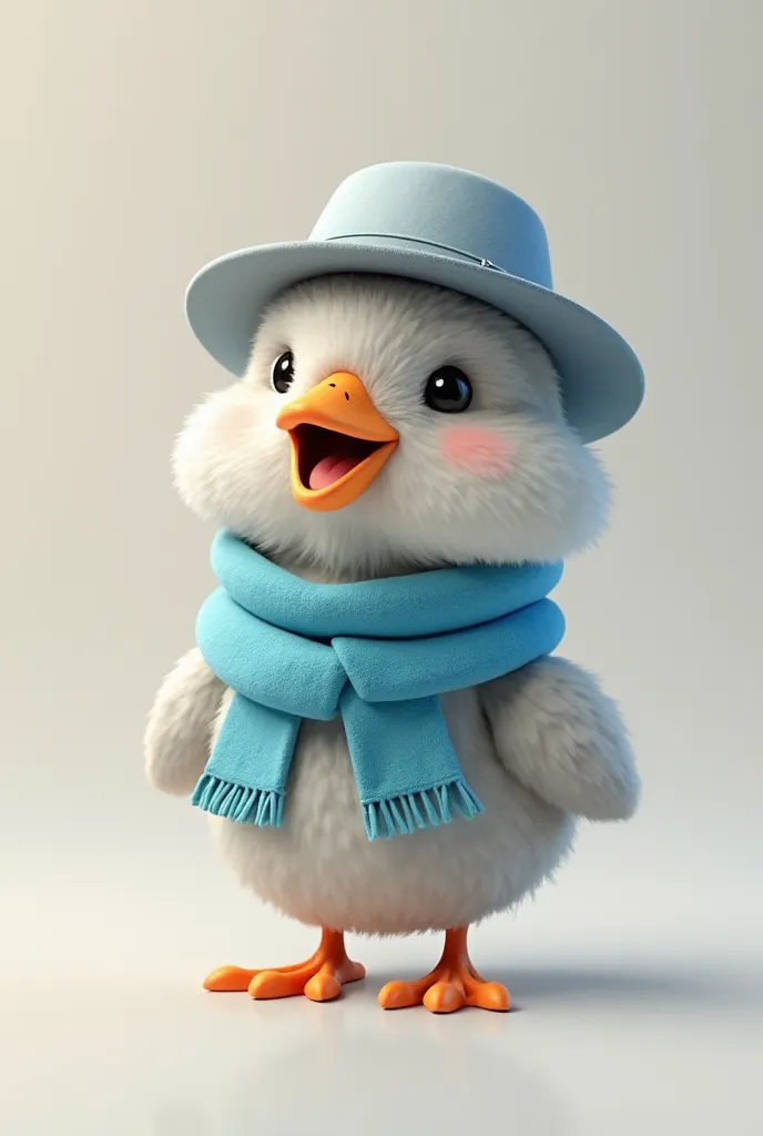 Create a mascot with only a gray chick's head wearing a hat and a blue scarf around the neck