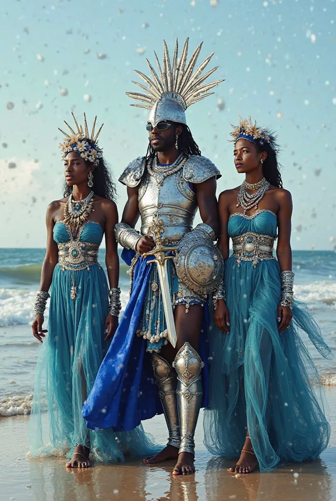 Produce an image containing the personification of Orixá Ogum dressed in silver armor and helmet, with sword in hand and shield in another and clothes in royal blue and white details, along with Orixá Iemanjá dressed in flowing clothes with bare shoulders ...