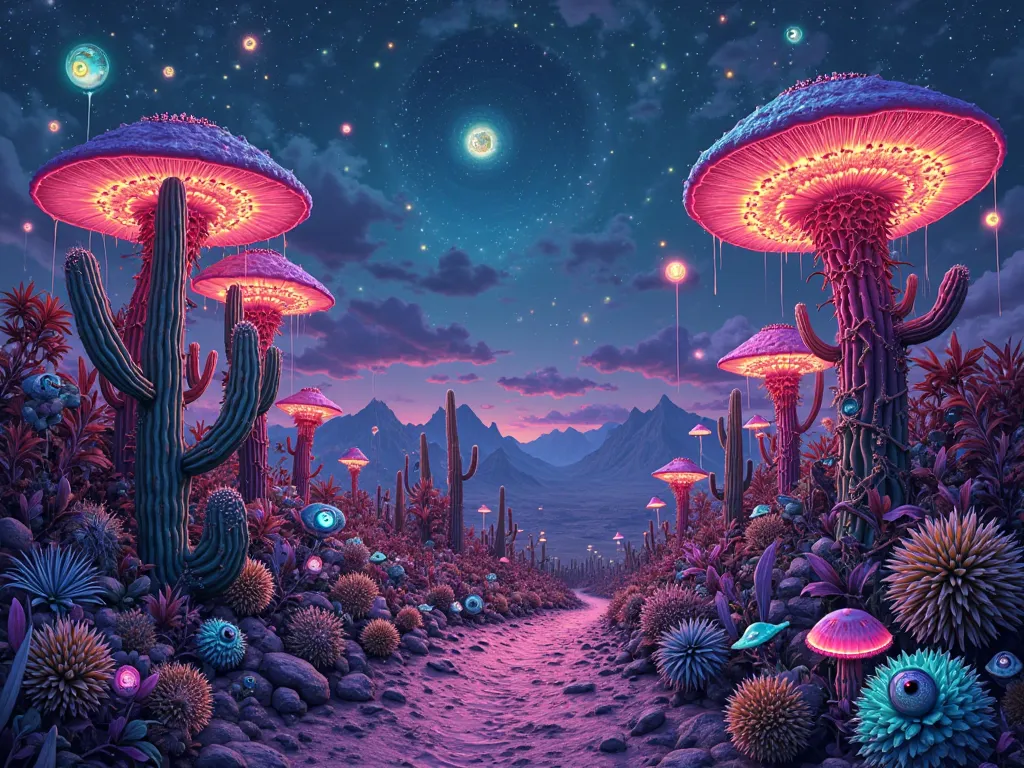 A mesmerizing psychedelic oasis in the heart of a vast desert, glowing under an otherworldly sky. Peculiar plants twist and pulse with luminous colors, their forms shifting in hypnotic patterns. Mystic cacti shimmer with arcane energy, while all-seeing eye...