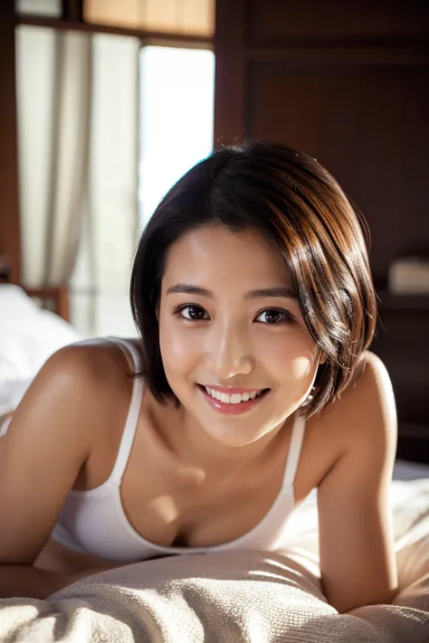 A cute 35-year-old Japanese woman、is standing on all fours in the bedroom。With short black hair、wears white underwear、looking at the camera with a smile even though she is slightly embarrassed。