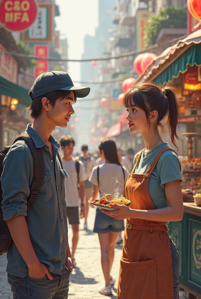 A 22-year-old talking to another 22-year-old who sells fast food on the street