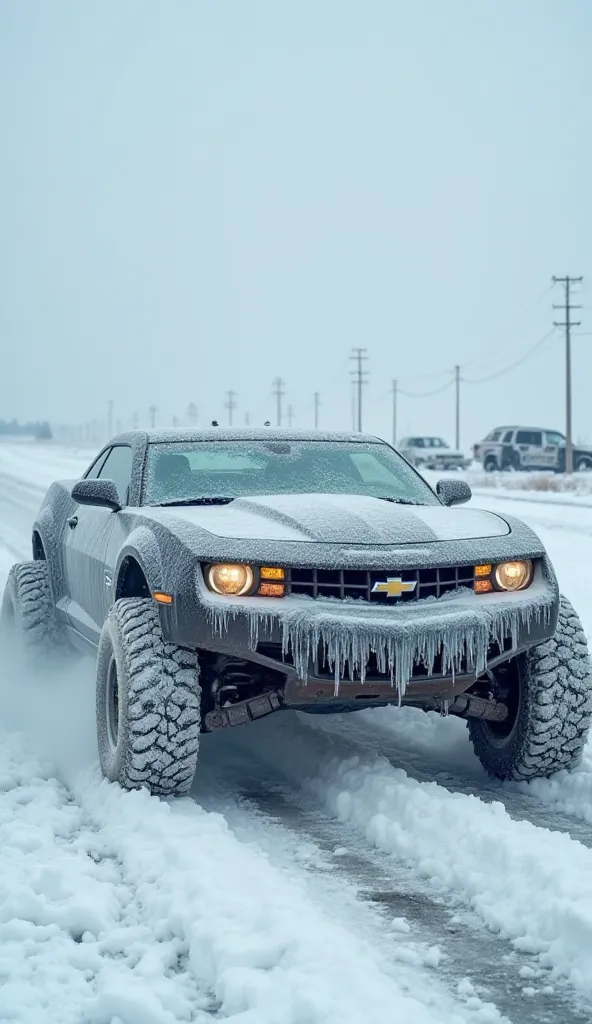 A rugged Chevrolet Camaro SS, heavily modified for survival in a frozen wasteland. The car is covered in thick layers of ice and snow, with massive off-road tires and a reinforced front bumper designed to plow through frozen debris. Icicles hang from the w...