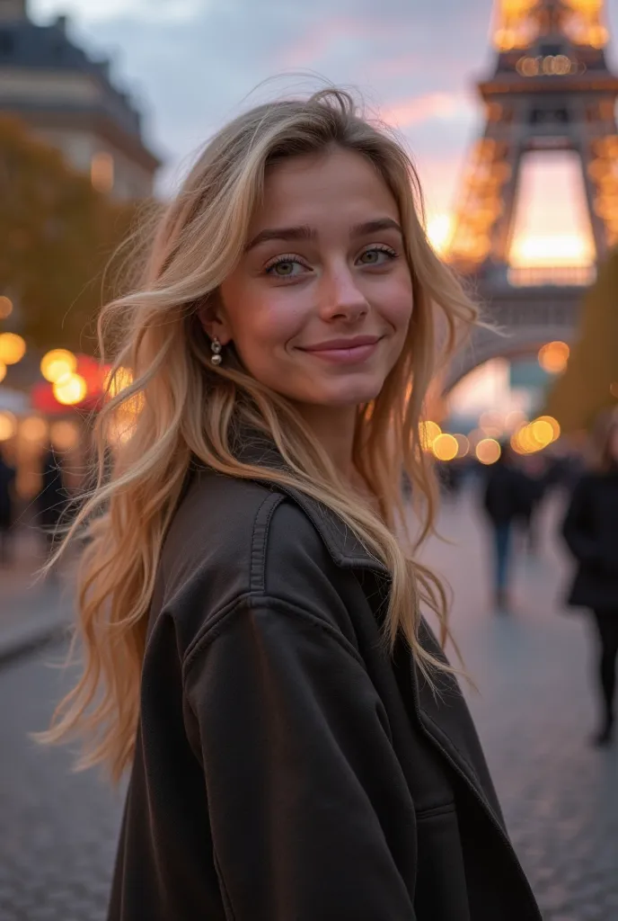 american girl, 18 years, atlethic body, big attributes, green eyes,  blonde hair. Ultra-realistic photograph of a young woman standing on an avenue in Paris, looking directly at the camera with a natural and radiant smile.  Her hair is gently moved by the ...