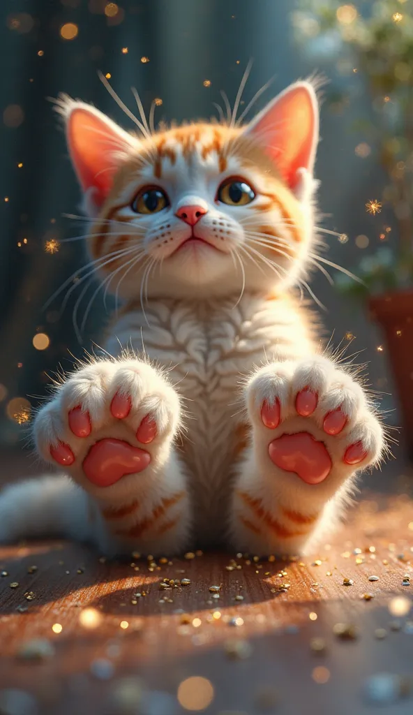 cat footprints、cute cat paws、Squishy、The cat is looking into the camera while sticking out its front legs、glitter effect to mask, high resolution, masterpiece, very detailed, ultra high definition, 