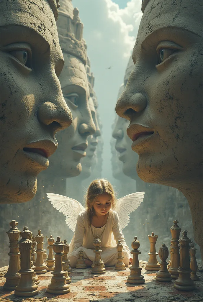 Guardian angel girl playing chess in the Olmec heads 