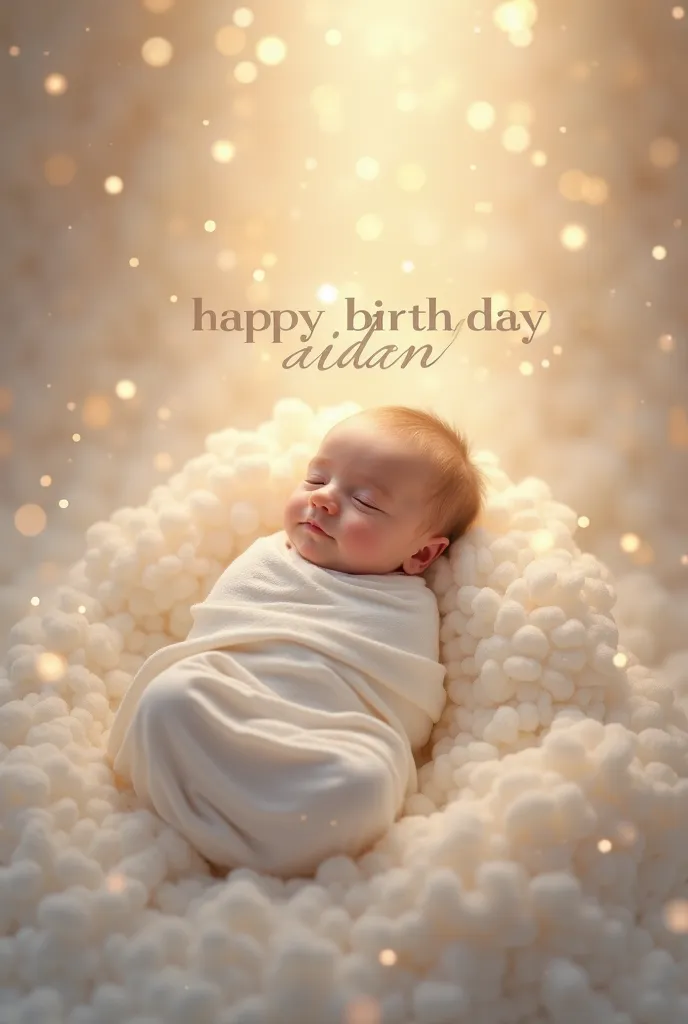 White down syndrome baby on the centre of milky ray enlighten with the text "Happy birthday Aidan"