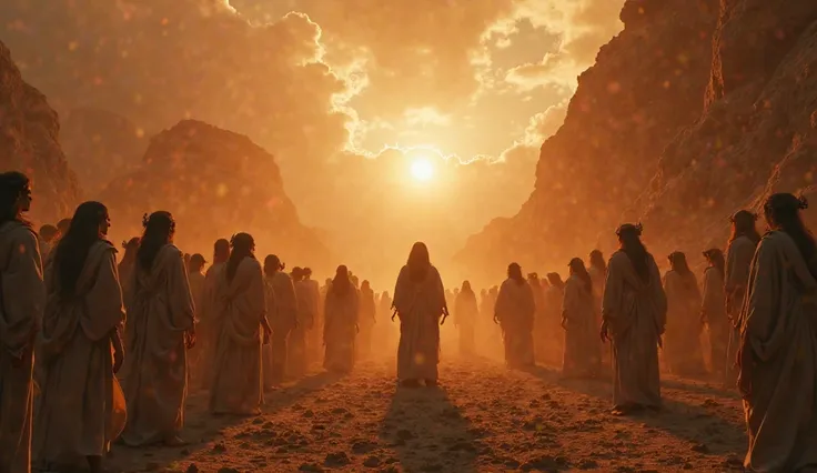  An epic scene in 16:9, HD, set in mystical twilight. shows two distinct groups: on one side, heavenly figures with a luminous aura and angelic traits (representing the 'sons of God'), and the other, human women in ancient costumes. The setting must be an ...