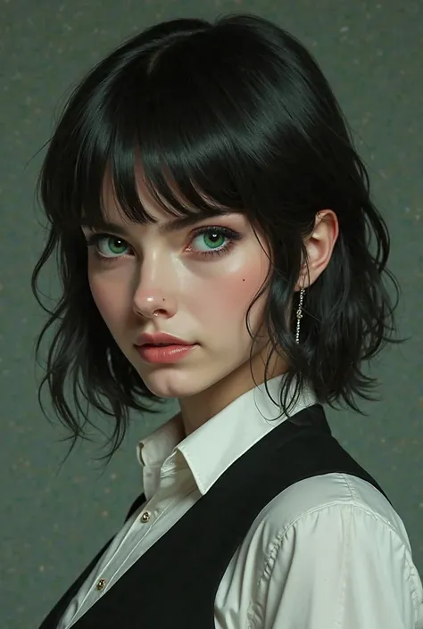 Of course, here is a detailed description of the features, Clothing, by, } skin and dots from the image you have provided:

**Traits:**

* **eyes:** Large and torn, of an intense emerald green color that shines with a slight reflection. The look is penetra...