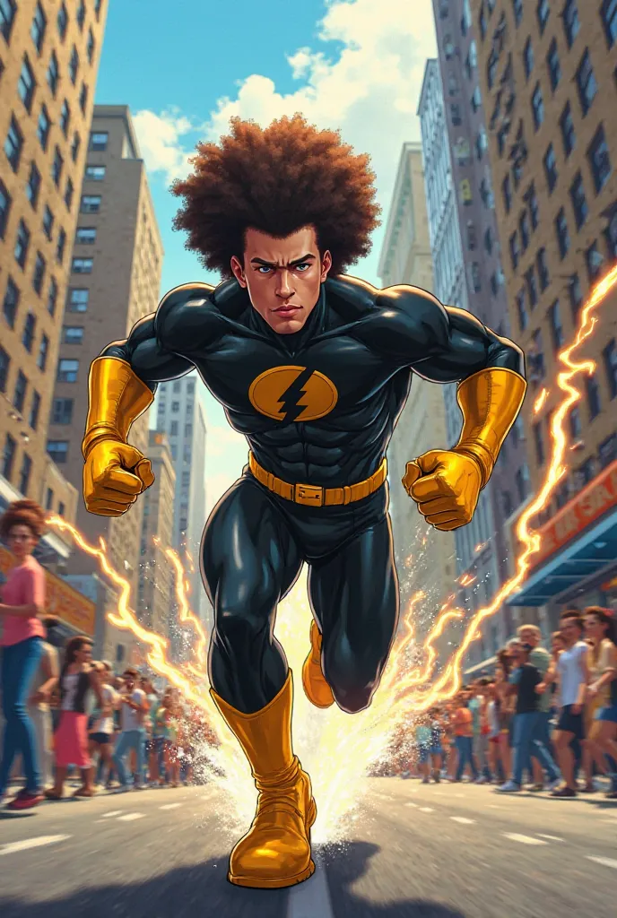 Male adult anime superhero white skin Afro brown hair running in New York wearing yellow boots and gloves black clothes super speed powers and super strength laser vision 