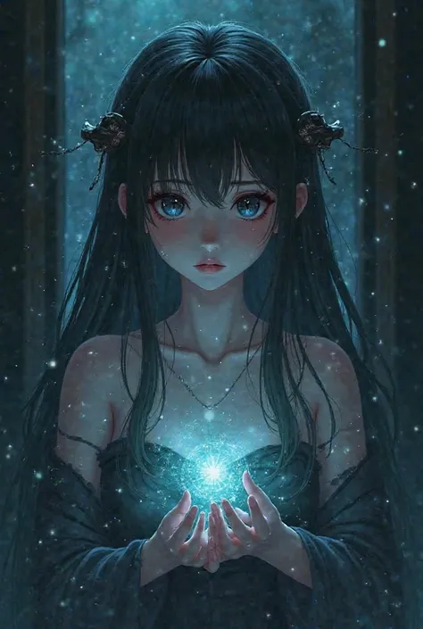 Give me a anime girl that is magical in a black dark room