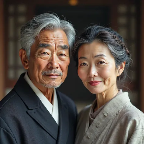 Ultra-realistic image of an elderly Korean couple, both looking directly at the camera. Their faces bear the marks of a life well lived, with soft wrinkles that tell stories of wisdom and tenderness. The man has carefully combed gray hair and the woman has...