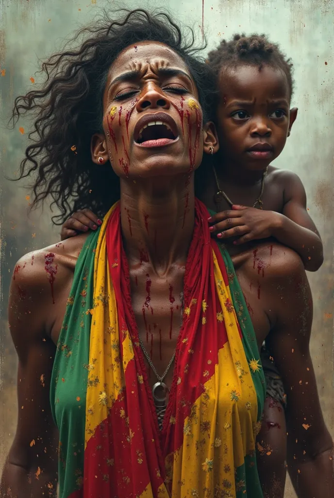 An African woman in tears and covered in blood with her  on the back, avec le drapeau du Congo-Kinshasa autour du coup