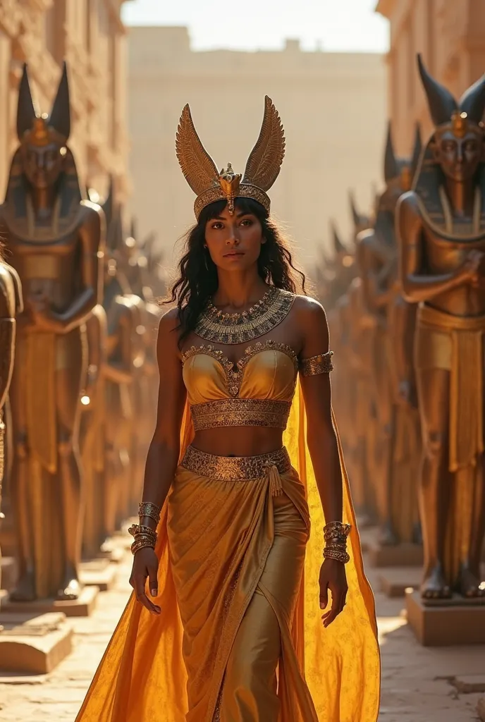  a Pharaonic princess from the Ptolemaic era with a large procession dominated by gold and large statues of Anubis in the background. The image was taken with a Canon camera, wide frame and strong daylight.