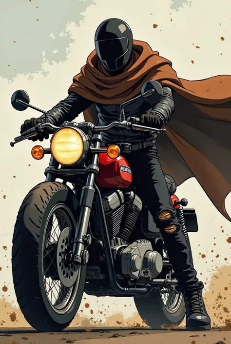 Create an anime screenshot image Trigun Stampede man wearing black motorcycle helmet, brown hooded cape ,  black leather jacket , destroyed black pants and black boots, He's on a chopper motorcycle and a gun 