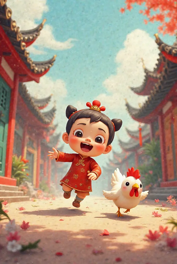 A Chinese cartoon  runs after a chicken